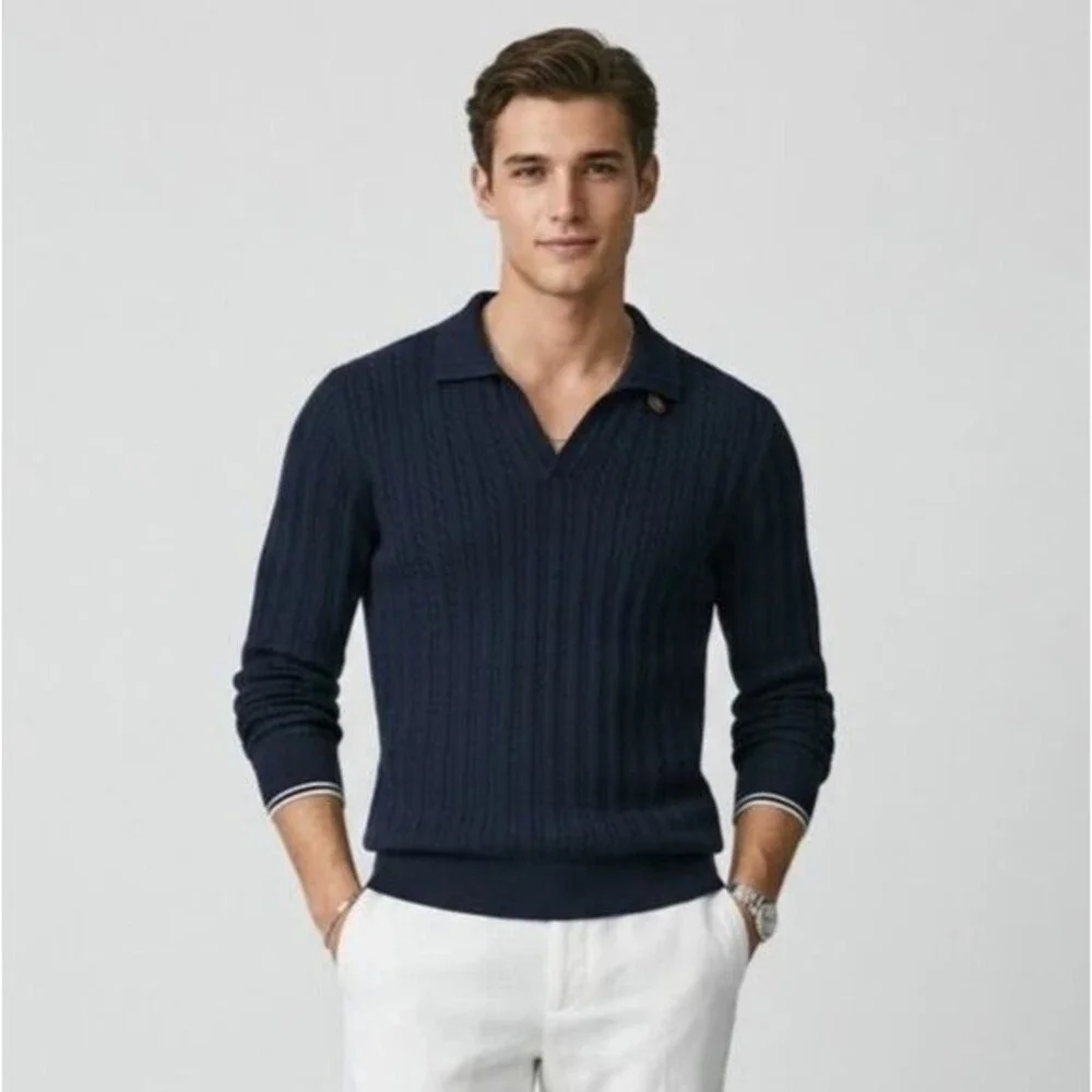 Massimo Dutti Extrafine Cotton Polo Sweater Mens Sz L Navy Cable Knit Slim Fit